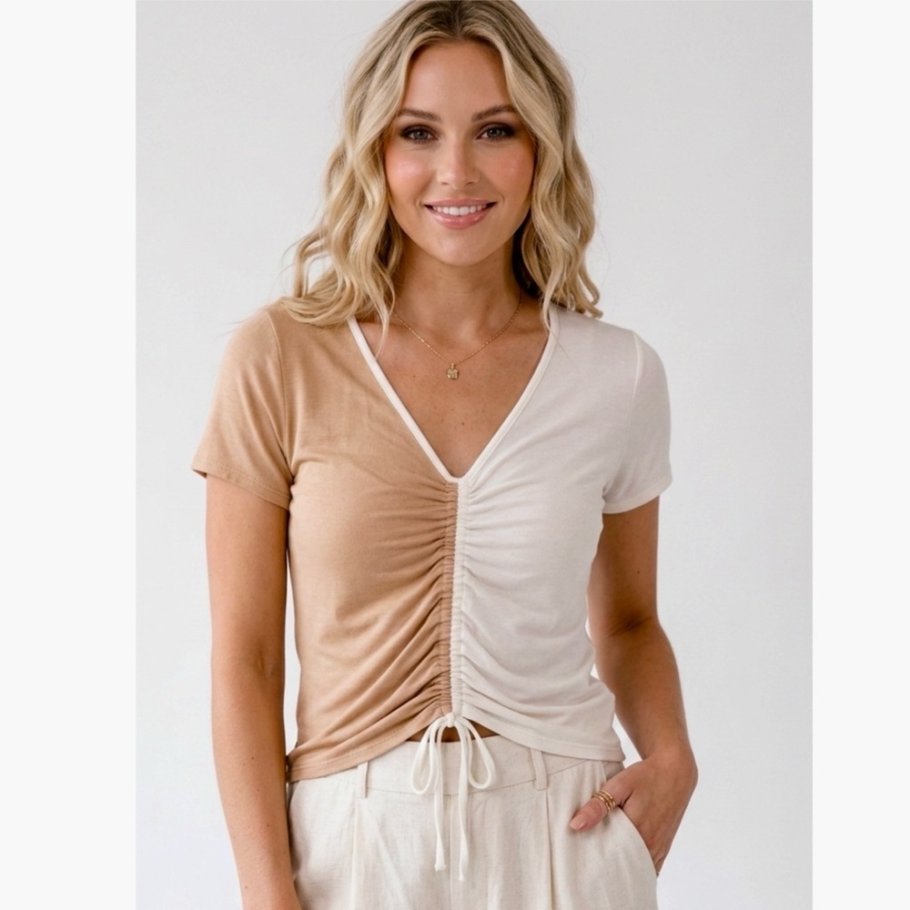 If She Loves Coastal Summer Two-Tone Center Tie Top Size Small Ruched Blouse